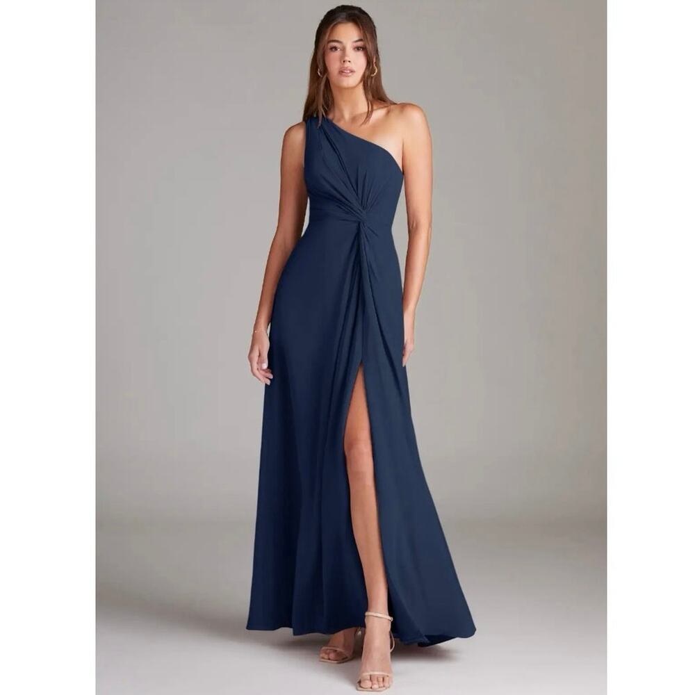Azazie Navy One-Shoulder Maxi Gown with Twist Knot and Slit
